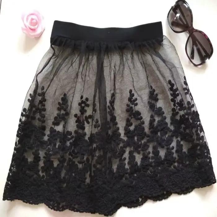 Jupon court taille haute en dentelle transparente brodé de fleurs pour femme