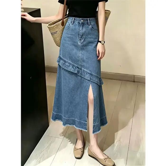 Jupe longue en jean bleu pour femme, taille haute, à volants, fendue, coupe trapèze