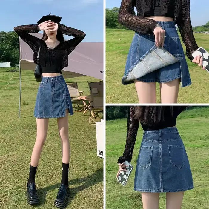 Jupe en jean pour femmes, portefeuille bleu avec fente, jupes serrées, mode coréenne, Premium, Vinta