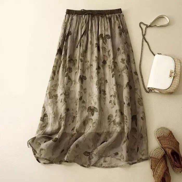 Jupe taille haute imprimée double couche en coton et lin pour femmes, jupe longue décontractée à lac
