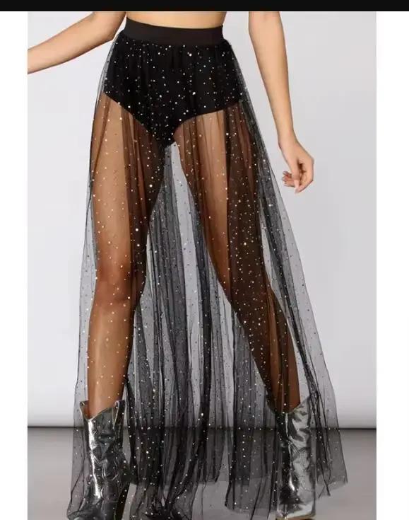 Jupe longue femme en maille transparente, taille haute élastique, longueur cheville, avec grand ourl