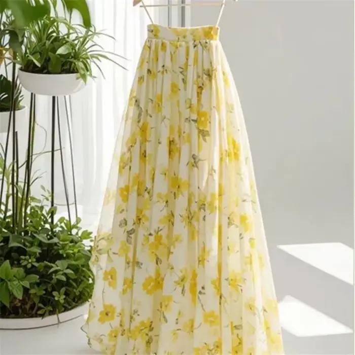 Jupe longue imprimée haut de gamme pour femme, taille haute, motif floral, style décontracté chic, e
