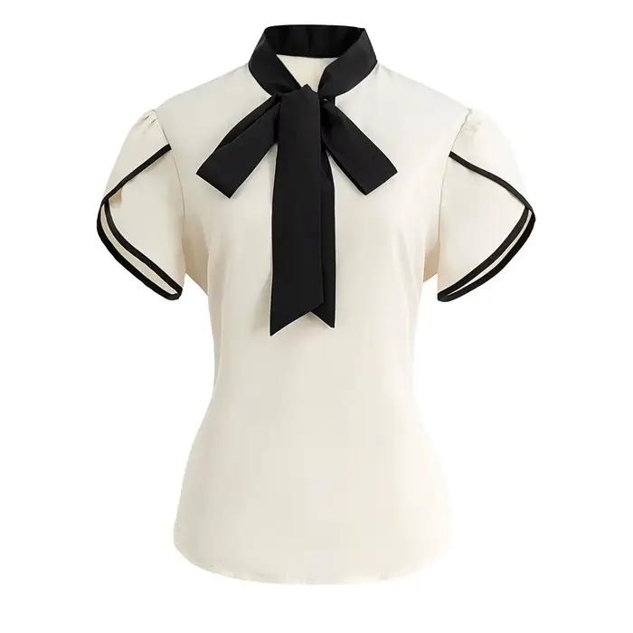 Chemisier Chic Basique Femme Printemps-Été Blanc Crème Noir Col Nœud Papillon Manches Courtes Bouffa