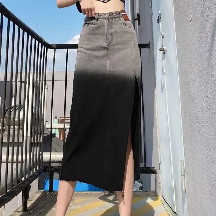 Jupe en jean taille haute avec fente pour femme, jupes en jean femme, col en V chic et élégant, noir