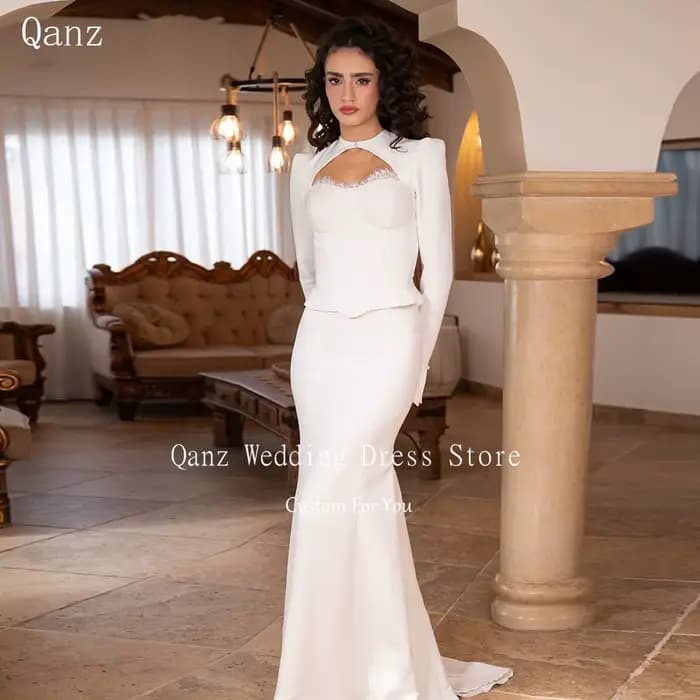 Robes de mariée sirène modestes Qanz, manches longues avec veste, dentelle, Robe De Mariée, Vestidos