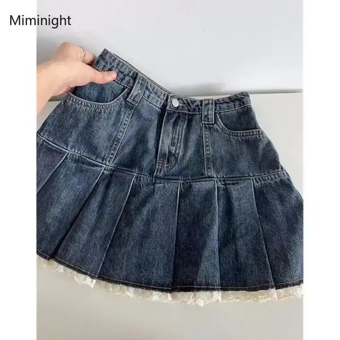 Jupe en jean bleu pour femme, patchwork de dentelle douce, mini jupes plissées Y2k, mode coréenne, m