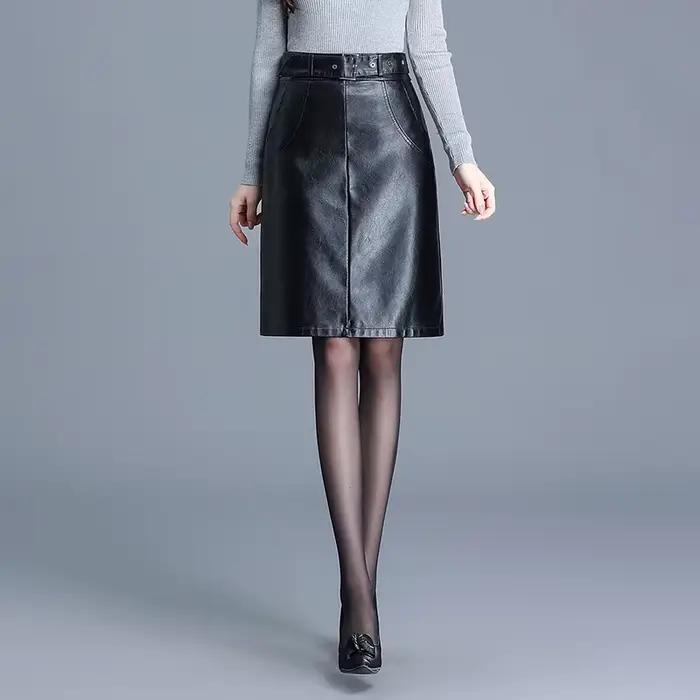 Jupe noire en cuir PU pour femme, taille haute, hanche ronde, élégante, dame de bureau, mode, automn
