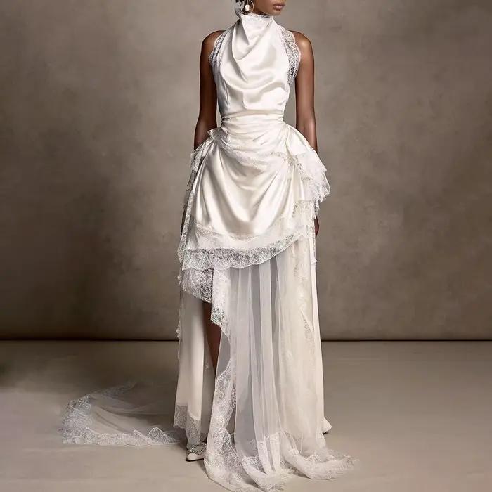 Robe de mariée élégante asymétrique en dentelle, col haut, Illusion de fente haute, sans manches, lo