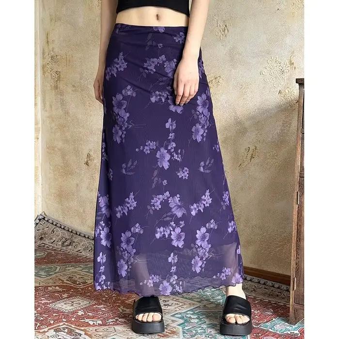 Jupe longue en maille florale pour femme, sexy, taille basse, style vintage, décontractée, rétro amé