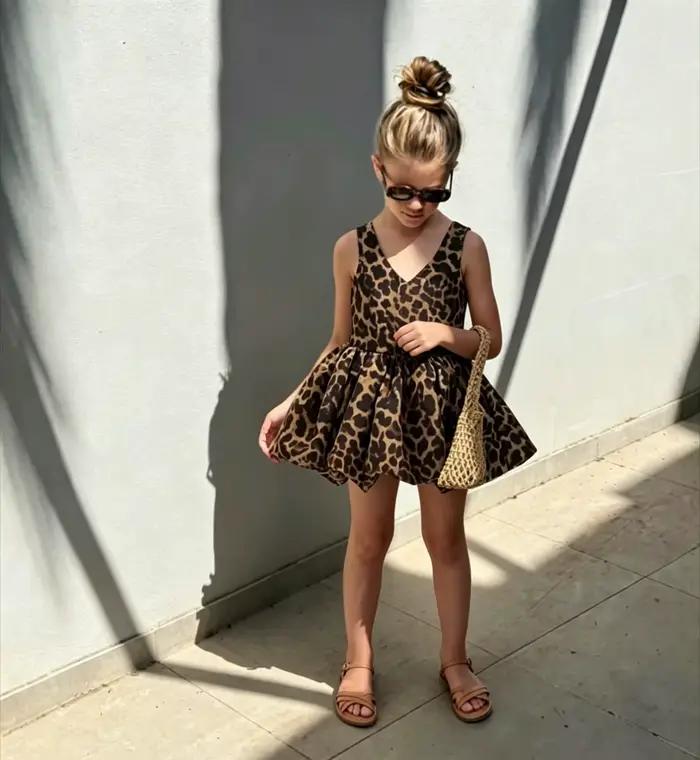 Robe Fille Imprimé Léopard 2026 Nouvelle Collection Été Style Princesse Rétro Jupe Moelleuse Fille J