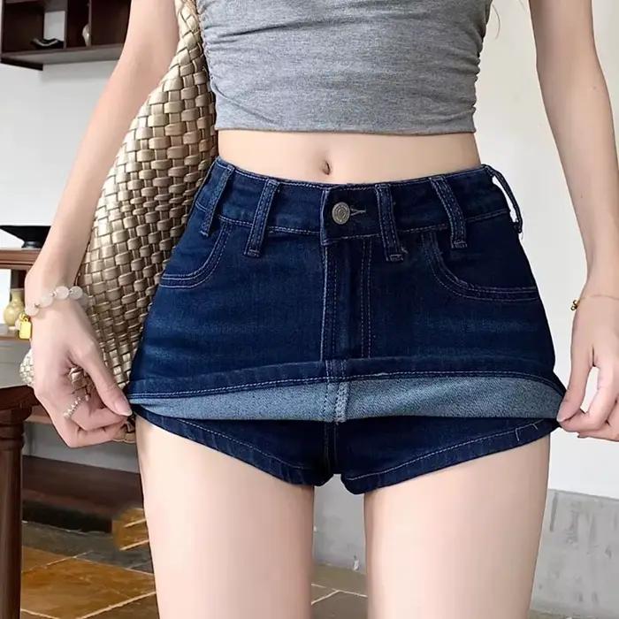 Jupes en jean bleu foncé pour femmes, sexy, taille basse, shorts serrés élastiques, jupe en jean pou