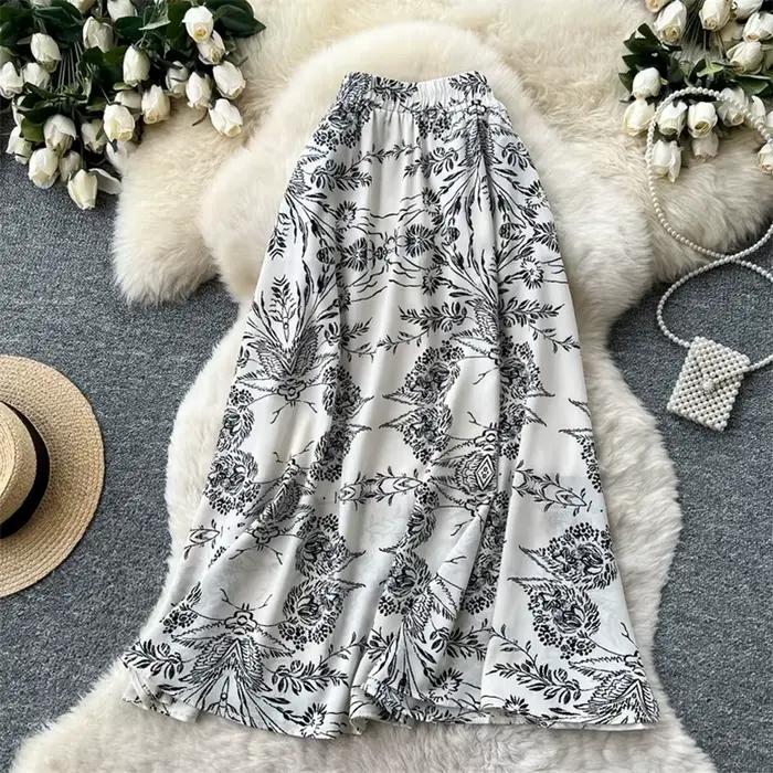 Jupe longue taille haute à imprimé floral vintage Karofi pour femme, élégante, coupe trapèze, pour l