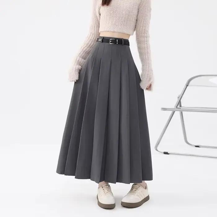 Jupe trapèze grise pour femme, taille haute, décontractée, en laine, longueur midi, pour le printemp