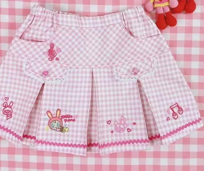 Jupe plissée à carreaux contrastés style Y2K, esthétique Kawaii, avec bordure en dentelle brodée, st
