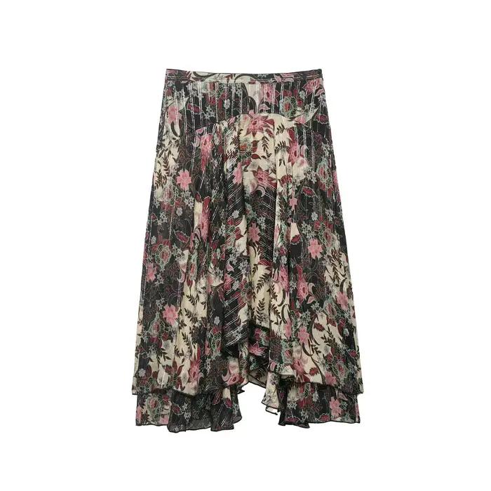 Nouvelle jupe mi-longue asymétrique à imprimé floral sexy pour femme, taille haute, à volants, idéal