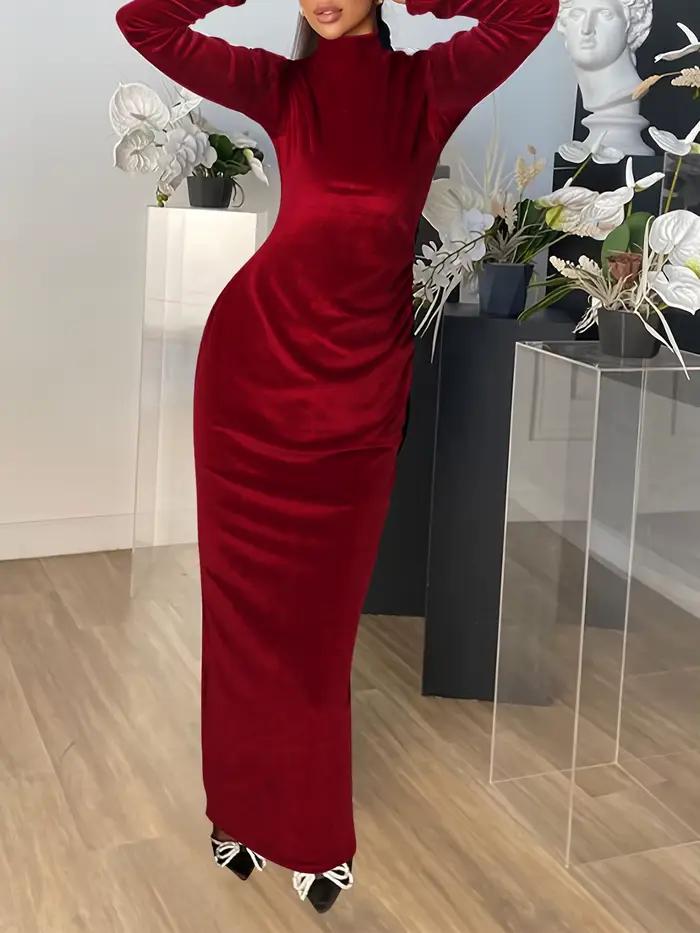 Robe fourreau sexy pour femme, col roulé, longue, plissée, moulante, en velours, maxi, pour printemp