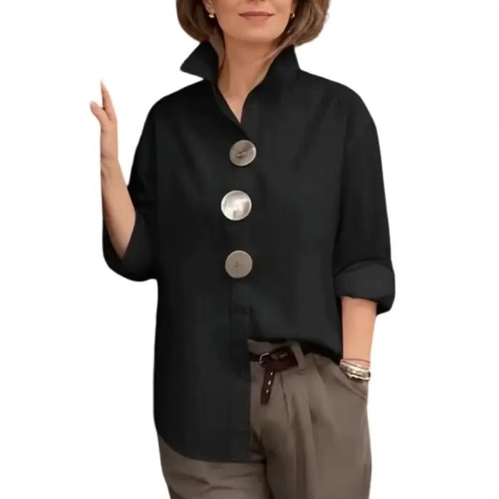 Chemise pour femme à col revers, manches longues, coupe ample, boutons métalliques, couleur unie, po