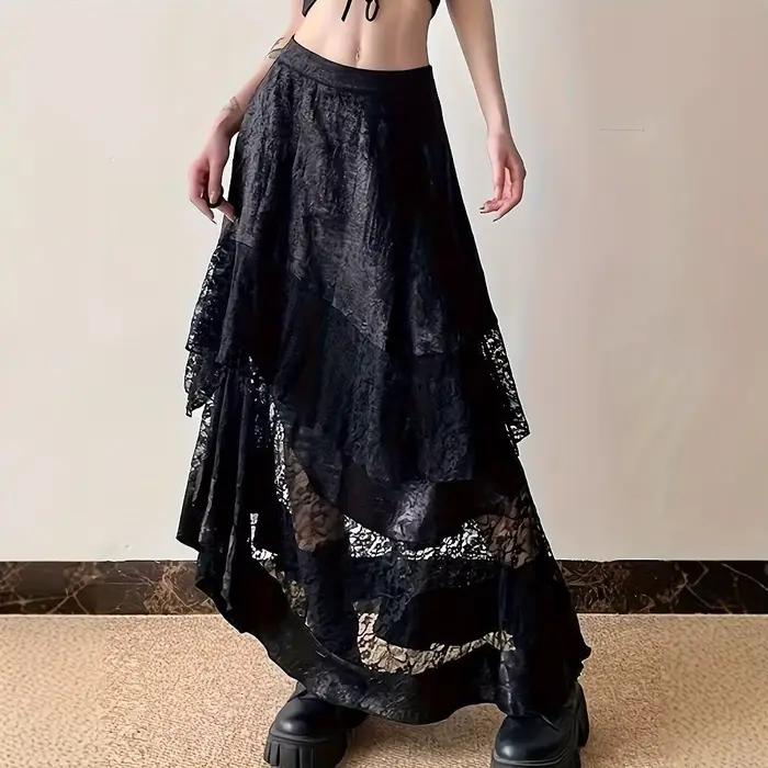 Jupe mi-longue gothique Vintage noire, esthétique Y2k, dentelle irrégulière, Style français, élégant