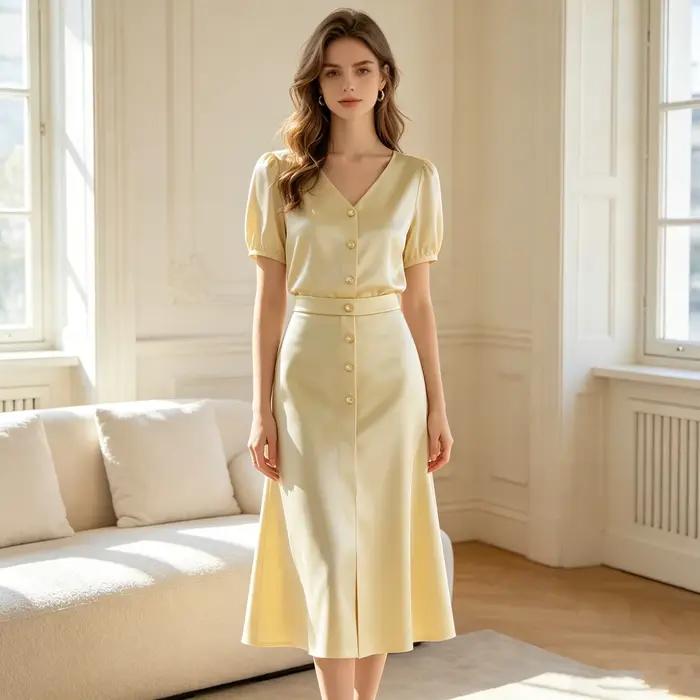 Jupe midi évasée en satin brillant jaune crème, taille haute, boutons dorés sur le devant, coupe tra
