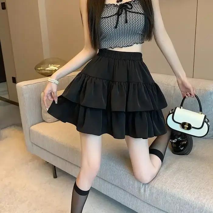 Jupes de gâteau à volants pour femmes, jupes décontractées Kawaii, taille haute, A-ligne, monochroma