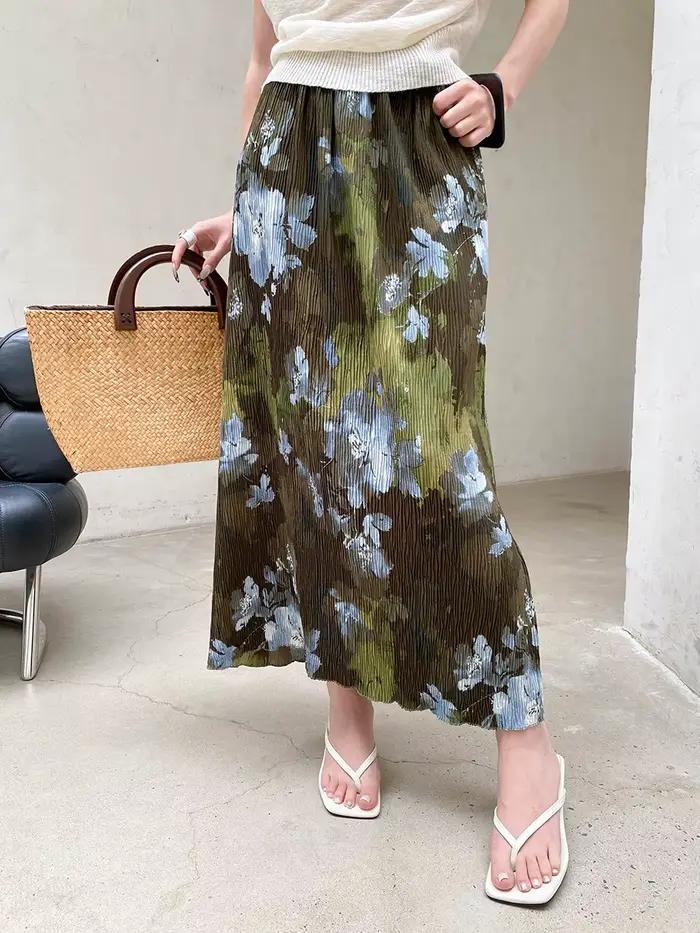 Jupe droite plissée à taille élastique pour femme, style rétro imprimé, texture décontractée, idéale