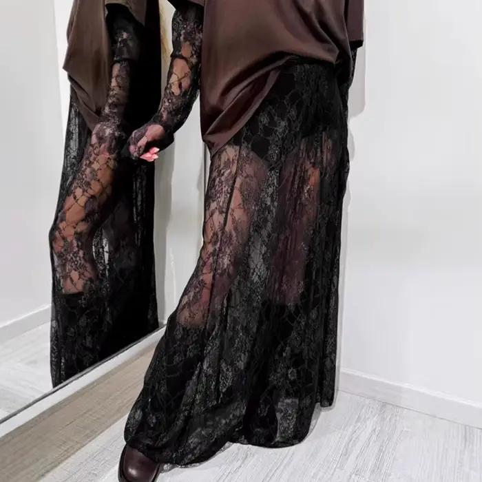 Jupe longue élégante en dentelle pour femme 2026, taille haute, effet superposé, coupe trapèze