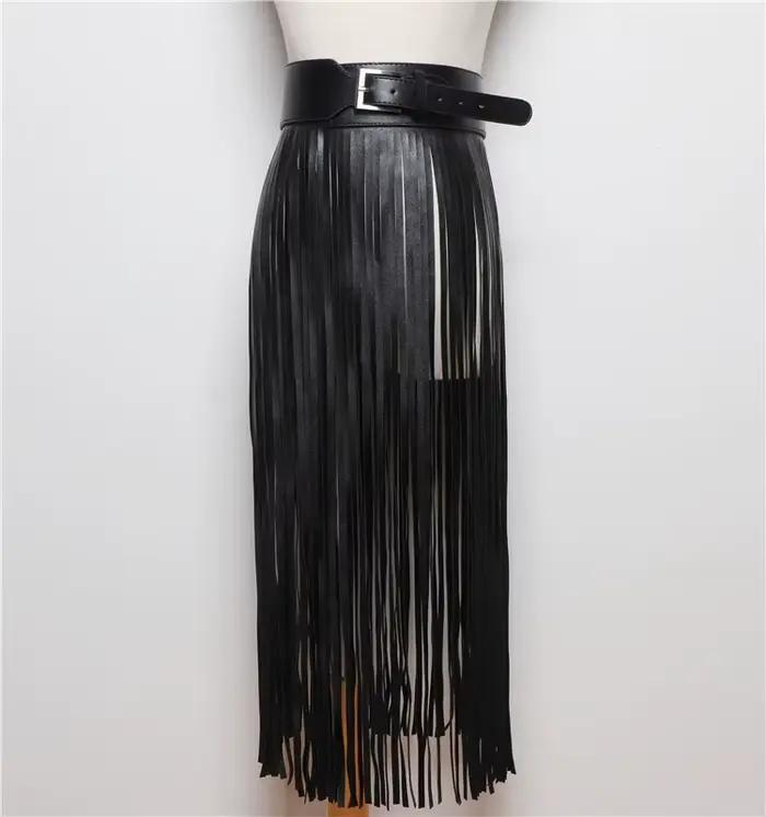 LANMREM bases jupe en cuir PU femmes ceinture couleur noire haute rue décoration pleine glands jupes