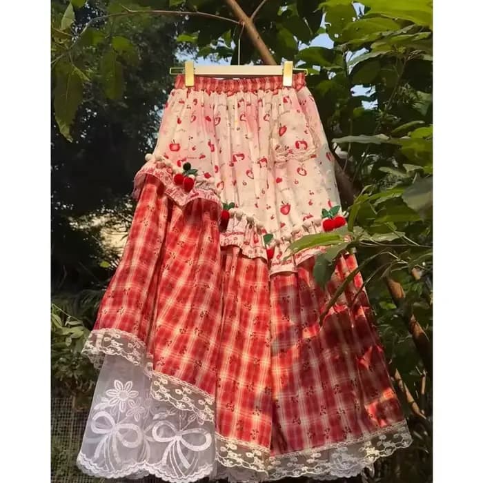 Jupe mi-longue à volants superposés pour femme, style japonais, motif cerise 3D, patchwork, dentelle
