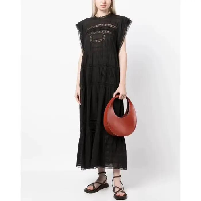 Robe midi noire en coton avec dentelle guipure, robe femme, nouvelle robe bohème d'été