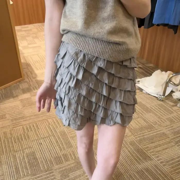 Jupe grise à volants et bordure feuille, nouvelle collection printemps-été, style rétro français, co
