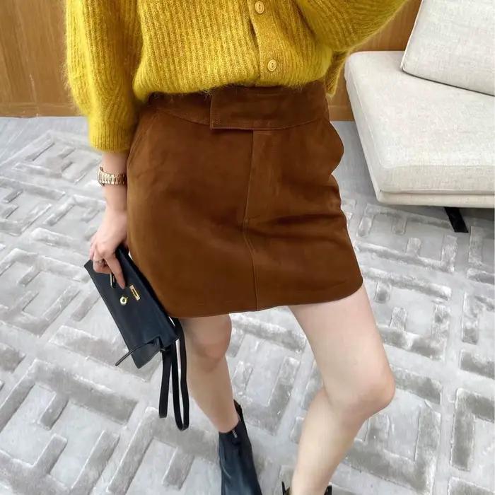Mini jupe en cuir suédé pour femme, taille haute et large, cargo court, gris, polyvalent, coréen, au