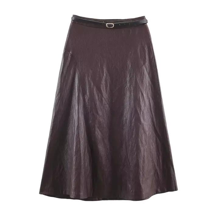 Jupe MIDI taille haute effet cuir, décoration de ceinture, design sens, texture cuir PU, jupe trapèz