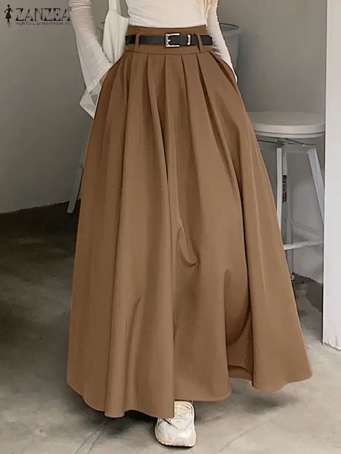 ZANZEA-Jupe balançoire plissée taille haute pour femme, jupe maxi monochrome, mode coréenne, vintage