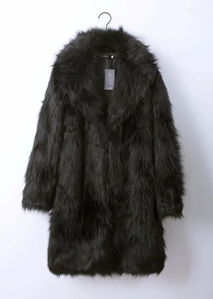 Manteau mi-long en fausse fourrure noire pour homme, col large à revers, ouverture sur le devant, ve