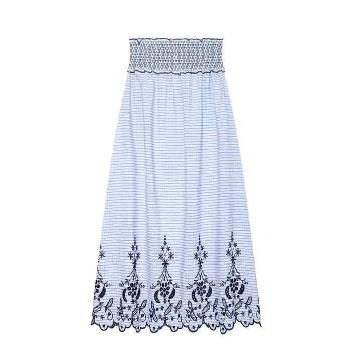 Jupe longue légère pour femme HH, style preppy, en gingham bleu aérien, taille smockée, broderie ajo