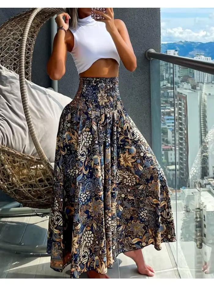 Grande taille femmes mode imprimé fleuri plis bohème élastique taille haute jupe dames genou longueu
