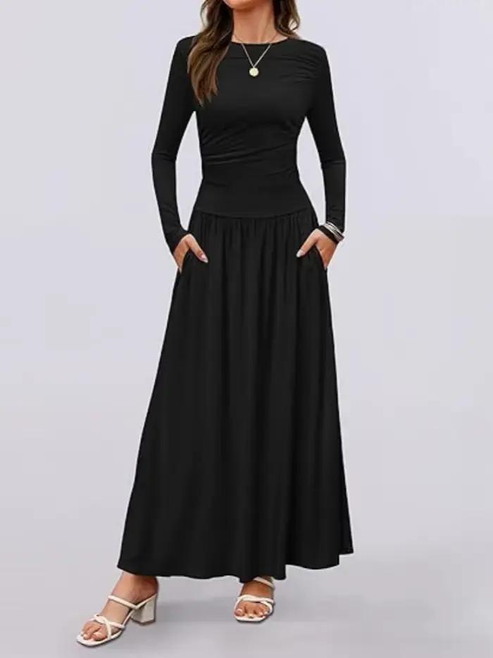 Robe Maxi à manches longues pour femmes, coupe confortable, détail froncé, multicolore, pour usage q