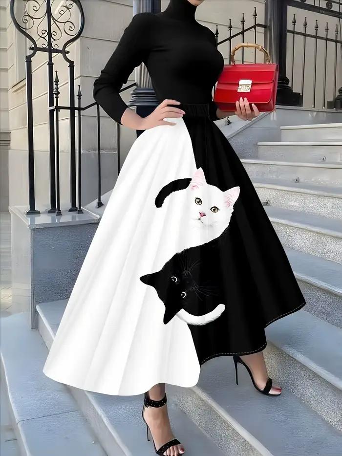 Jupe midi décontractée à imprimé chat noir et blanc pour femme, coupe trapèze, taille haute, idéale 