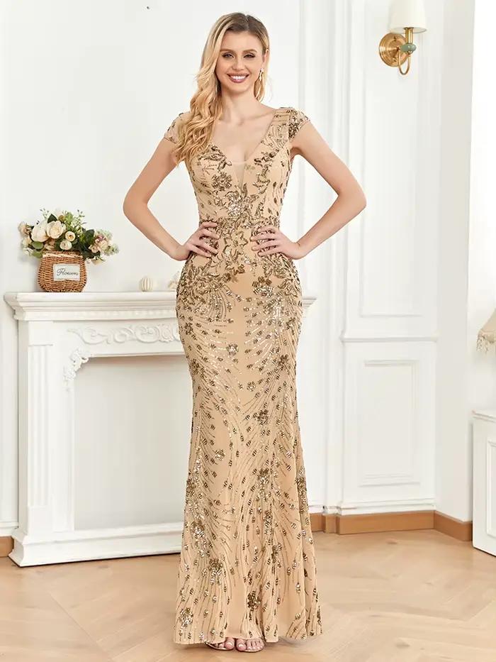 Lucyinlove élégant Champagne robe de soirée pour les femmes longue 2025 luxe sirène formelle paillet