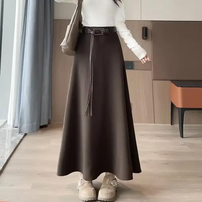 Jupe longue pour femme, taille haute avec ceinture, coupe évasée en A