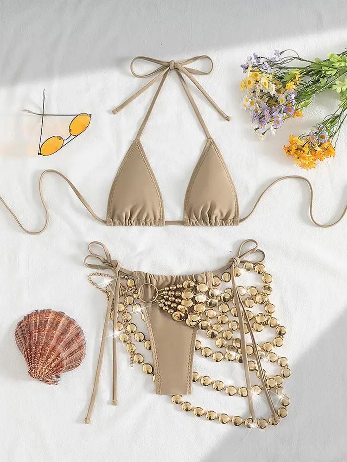 Nouveau kaki Bikini ensemble 2025 femmes évider chaîne jupe 3 pièces maillot de bain plage maillot d