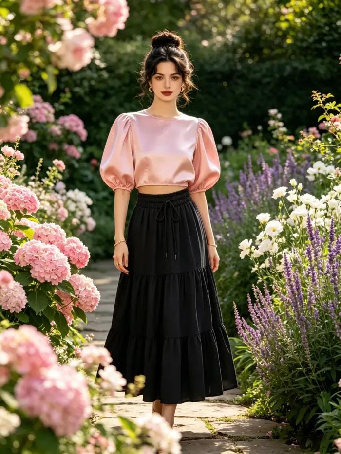 Jupe midi évasée à taille haute avec cordon de serrage