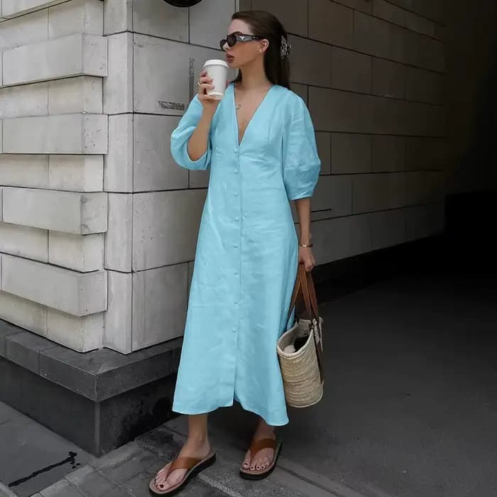 Robe longue en coton et lin, élégante, légère, Style Mature, col en v, manches à bulles, dos nu, cei