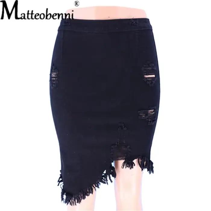 Nouvelle jupe en jean déchirée sexy pour femme, mini-jupe décontractée à découpes et franges, asymét