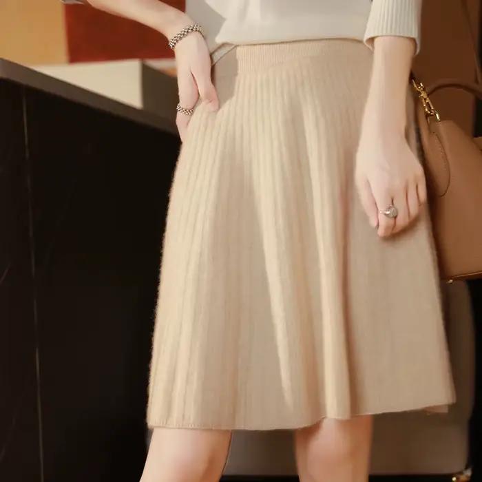 Femmes élégantes 100% laine tricoté jupe mode coréenne solide décontracté une ligne dames plissée ju