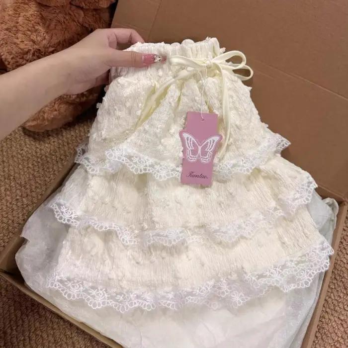 Mini jupe à volants en dentelle douce pour femmes, taille haute, ceinture élastique, jupe courte bou