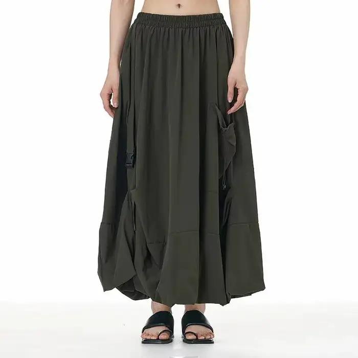 Jupe mi-longue trapèze EAM à taille haute élastique, kaki, avec boucle et cordon de serrage, pour fe