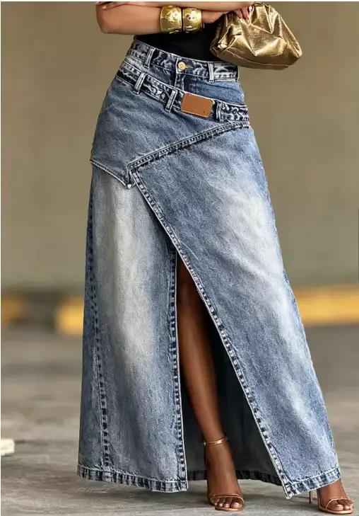 Jupe longue en jean délavé taille haute asymétrique avec fente avant irrégulière pour femme – Jupe l