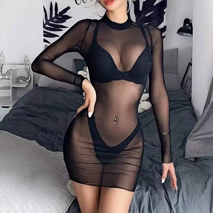 Femmes Lingerie érotique soutien-gorge chemise de nuit gothique maille noir à manches longues maigre
