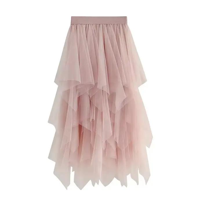 Jupe vintage grunge taille haute élastique irrégulière multicouche en tulle uni effet bulles pour fe